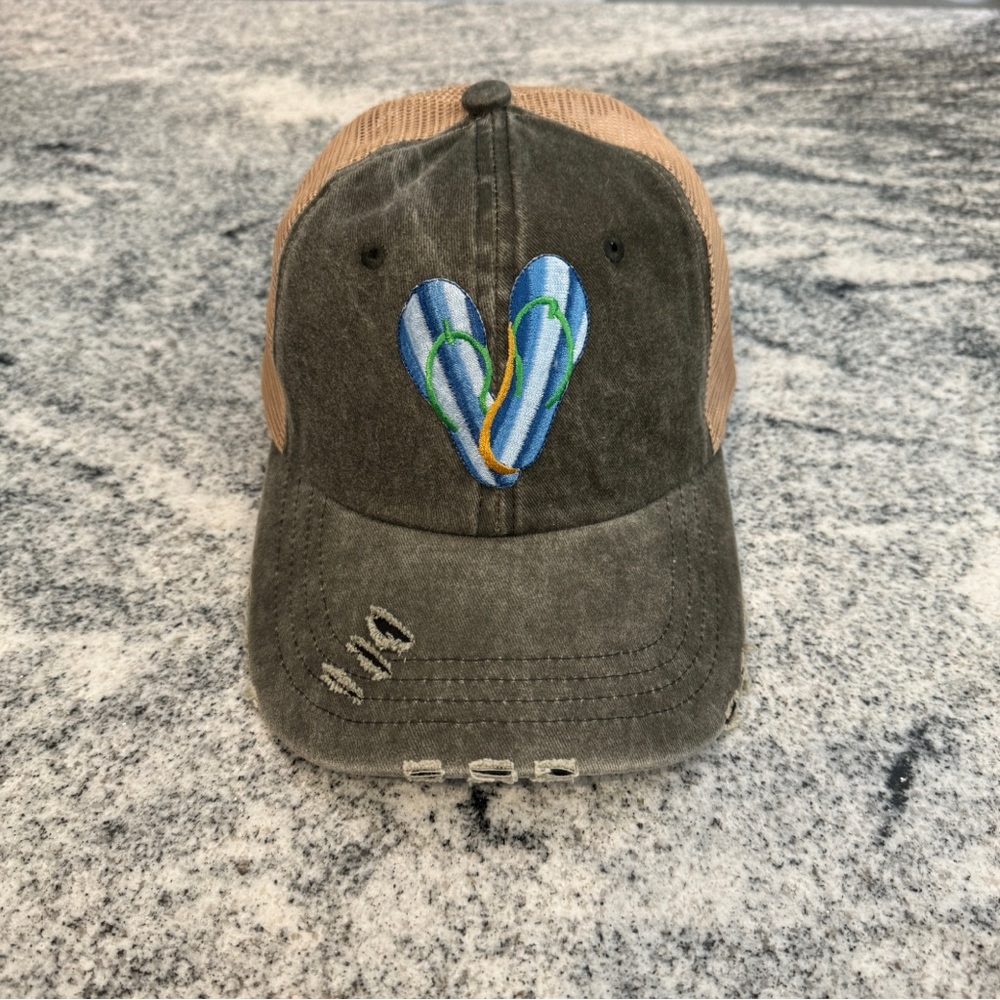 New Custom Designed Olive Green & Tan Mesh Distressed Trucker Hat w/ Flip Flops